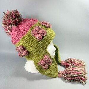 Sweet Turns Pink and Green Knit Earflap Hat with Pom Poms